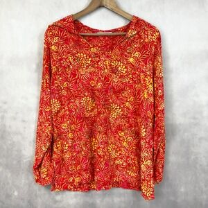 Soft Surroundings Hooded Top PM Red Yellow Floral Boho Coastal Artsy Travelwear